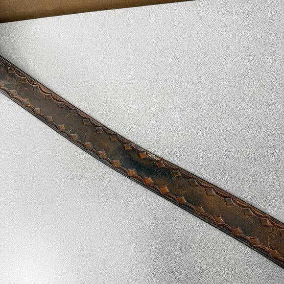 Distressed Brown Leather Belt Mens Diamond Embossed Brass Fits 35-42 1.75in - Picture 5 of 8